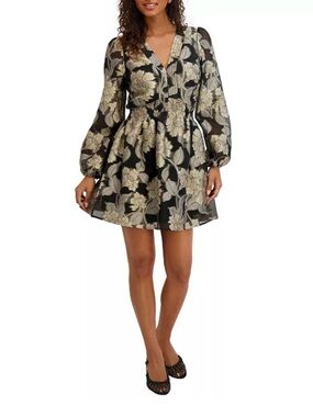 Kensie Black Floral Jacquard V-Neck Mini Dress Size 6